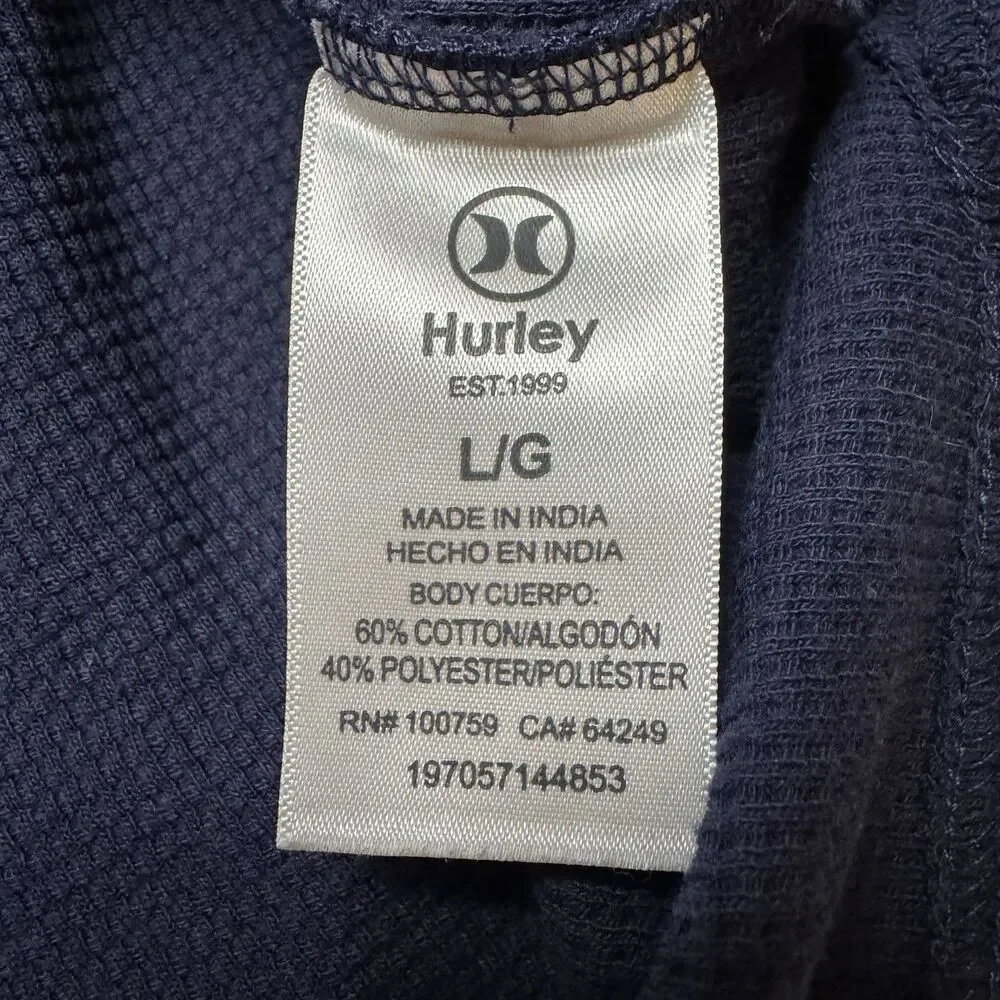 Hurley Mens Long Sleeve Raglan Waffle Knit Shirt Blue Green Graphic Tee Size L